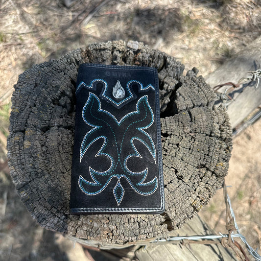 Ravenhide Embroidered Leather Wallet in Coal Black