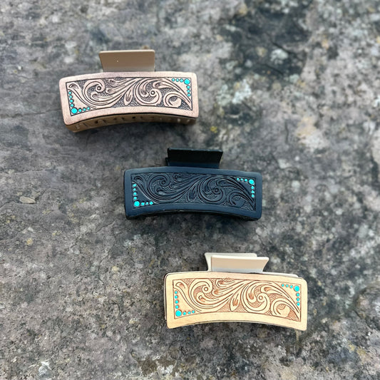 Tooled Leather Hair Claw with Turquoise