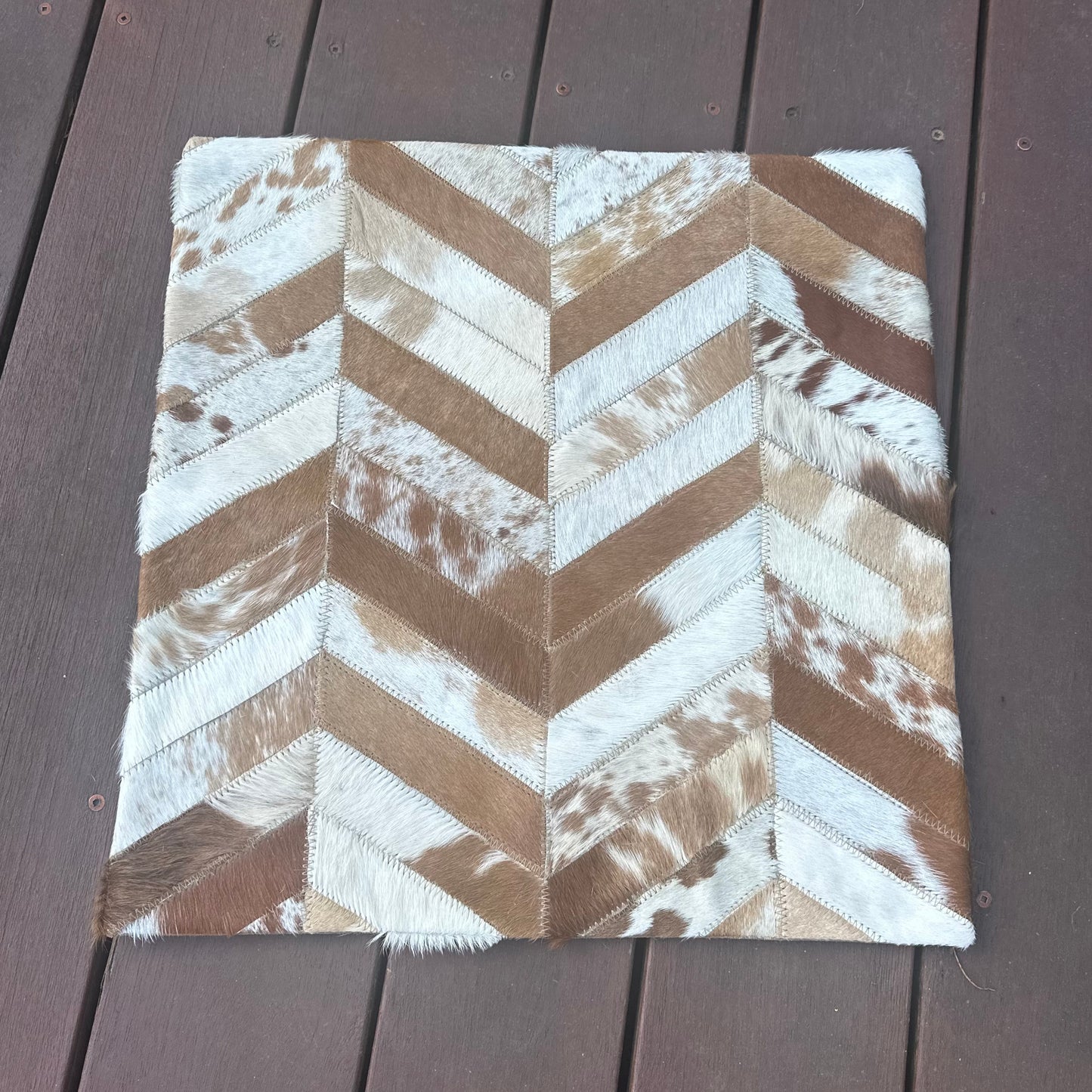 Cowhide Cushion Cover - Chevron Pattern - Tan and White Cowhide