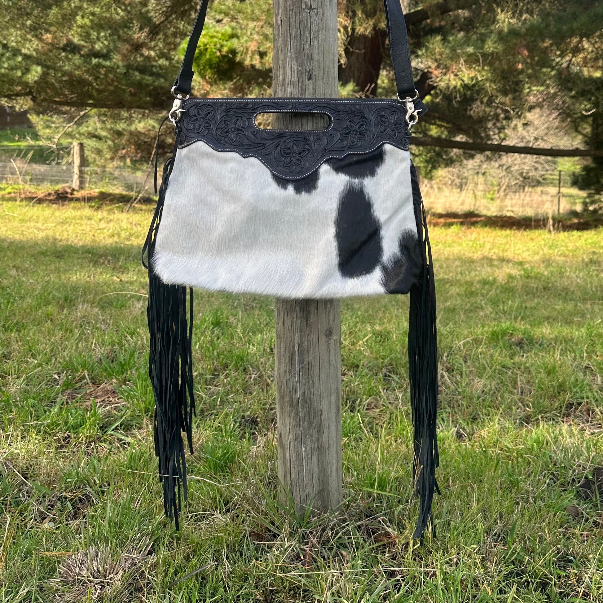 Koda G Upcycled Cowhide/Snake Tooled Leather Strap Fringe Bag - White –  Style Babes