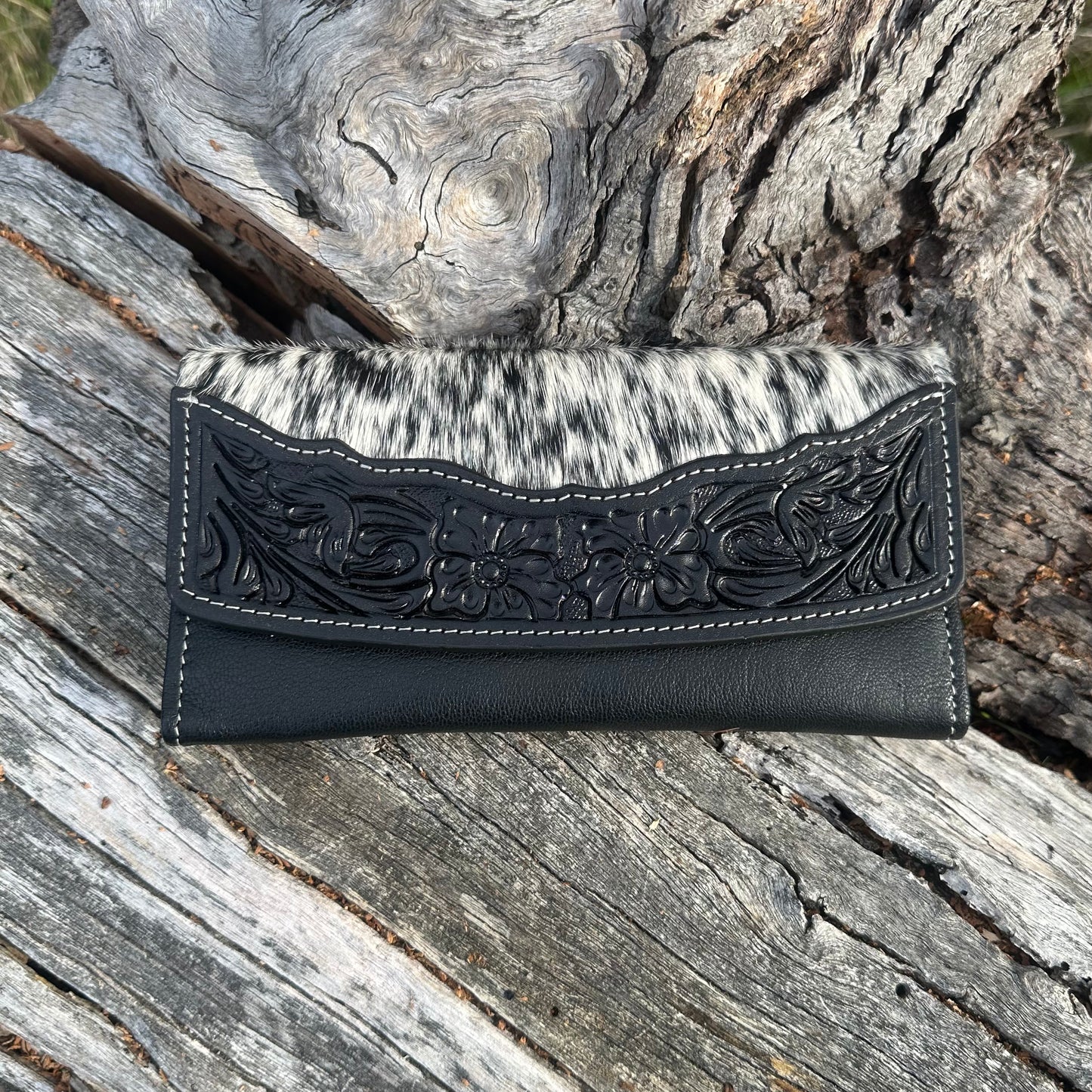 Cowhide Flap Wallet with Hand Tooled Leather