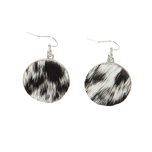 Round Drop Cowhide Earrings -  Black & White