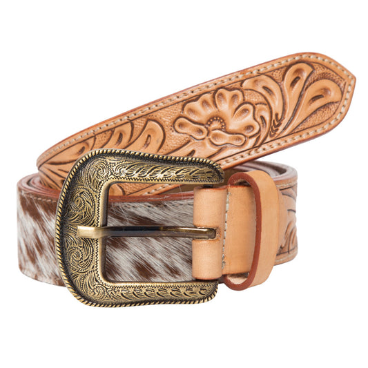 Tooled Belt – Tan and White Cowhide Belt with Tooling Details