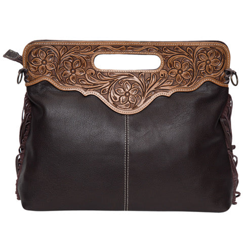 Alana - Large Tooled Leather & Cowhide Bag with Fringe