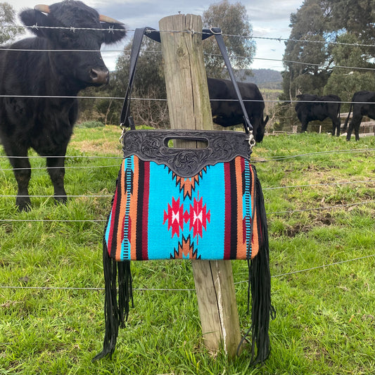 Large Tooled Saddle Blanket Bag with Fringe