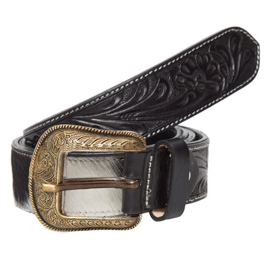 Tooled Belt – Black and White Cowhide Belt with Tooling Details