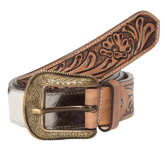 Tooled Belt – Brown and White Cowhide Belt with Tooling Details